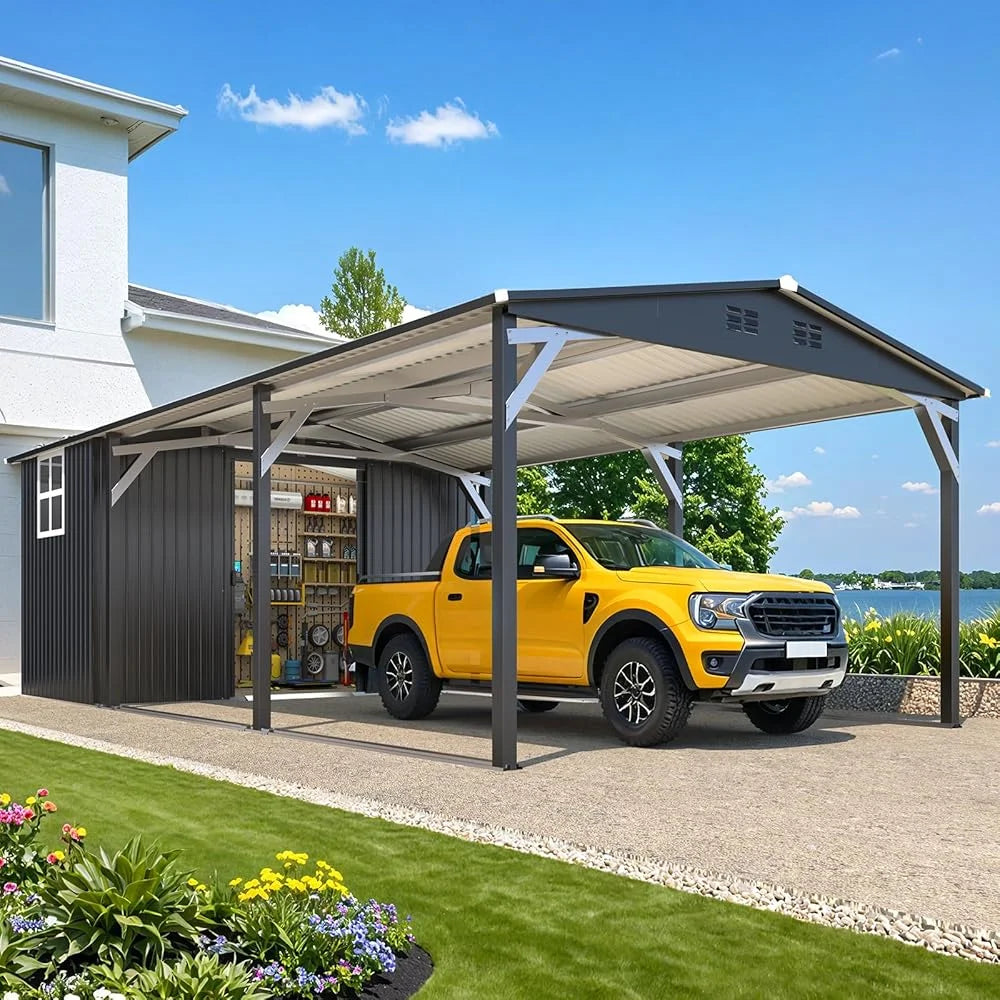 12 Ft X 22 Ft Metal Carport With Storage Sheds, Outdoor 12' X 17' Portable Garage Car Port With 12' X 6' Sheds