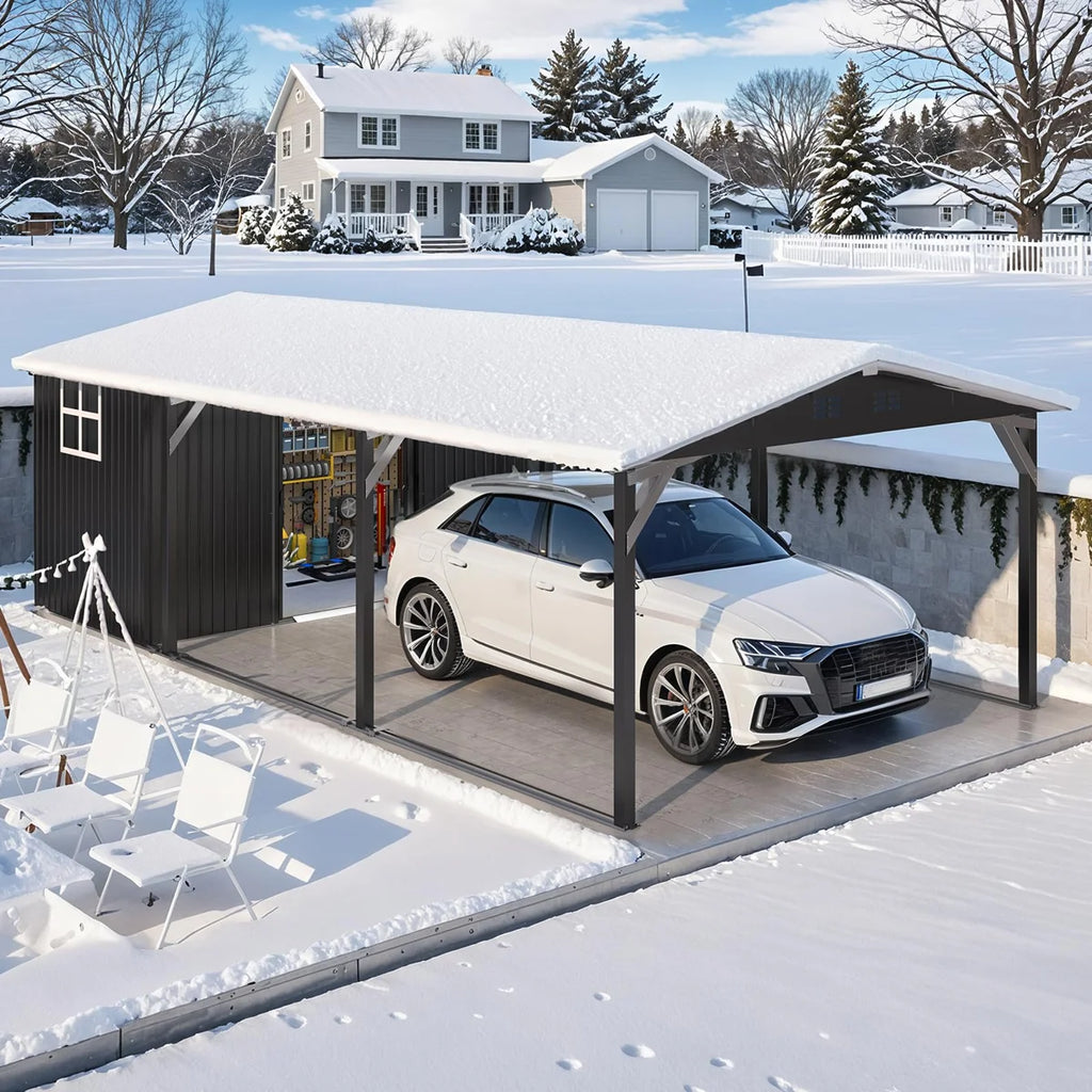 12 Ft X 22 Ft Metal Carport With Storage Sheds, Outdoor 12' X 17' Portable Garage Car Port With 12' X 6' Sheds