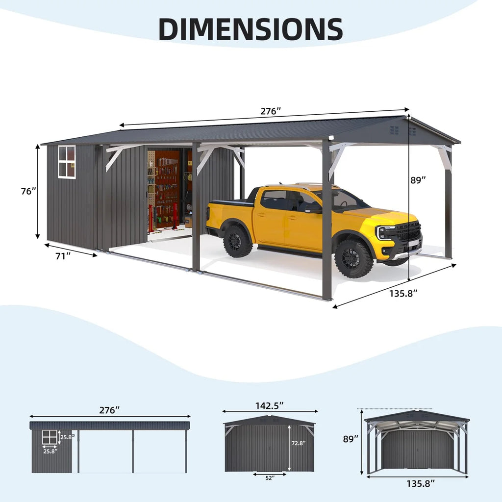 12 Ft X 22 Ft Metal Carport With Storage Sheds, Outdoor 12' X 17' Portable Garage Car Port With 12' X 6' Sheds