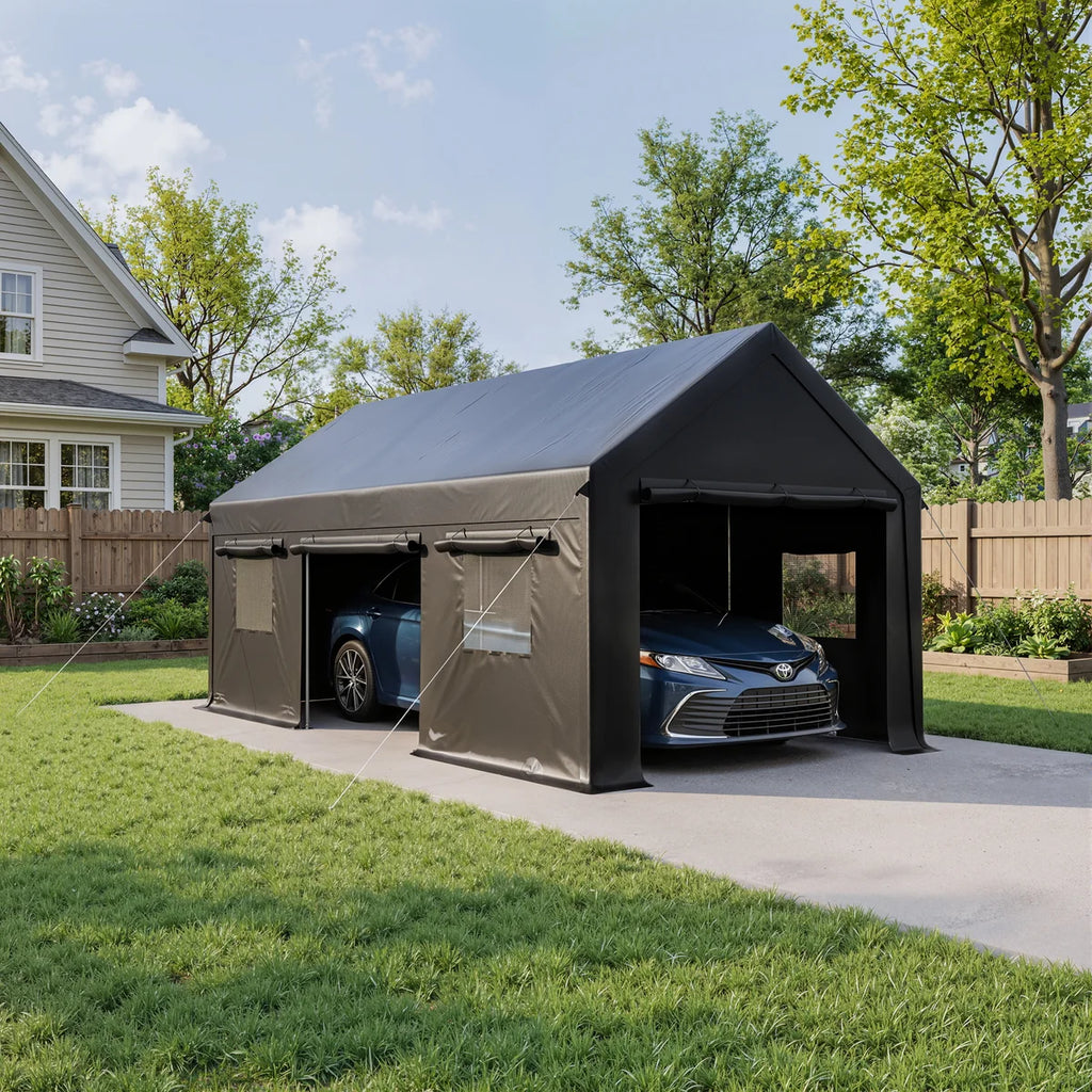 12 ft. W x 20 ft. D Heavy-Duty Carport Canopy , Portable Garage for Pickup, Black