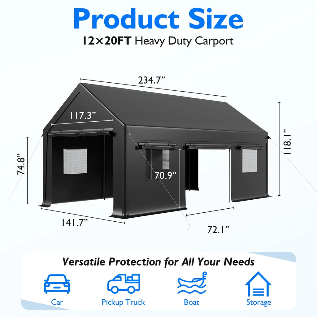 12 ft. W x 20 ft. D Heavy-Duty Carport Canopy , Portable Garage for Pickup, Black