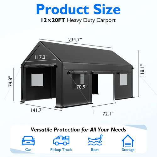 12 ft. W x 20 ft. D Heavy-Duty Carport Canopy , Portable Garage for Pickup, Black